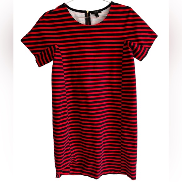 J. Crew Women's Red Fiery Sunset Blue Striped Shirt Short Sleeve Stretchy Dress - Picture 2 of 10